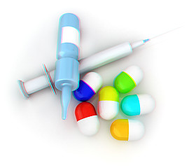 Image showing Syringe, tablet, pill jar. 3D illustration. Anaglyph. View with 