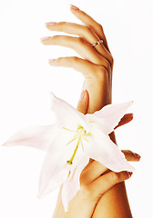 Image showing beauty delicate hands with manicure holding flower lily close up