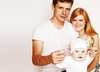 Image showing young cute happy modern family, mother father son isolated on wh