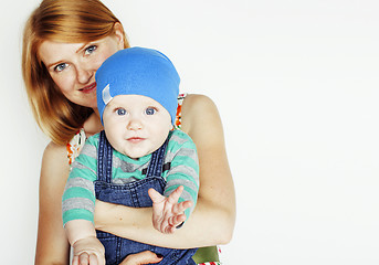 Image showing young beauty mother with cute baby, red head happy modern family