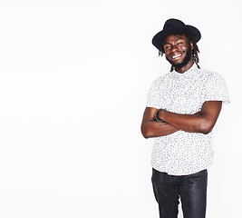 Image showing young handsome afro american boy in stylish hipster hat gesturin