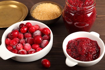 Image showing Cranberries and cranberry jam.