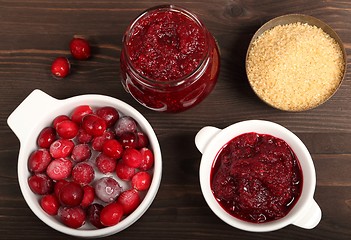 Image showing Cranberries and cranberry jam.