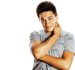 Image showing young handsome brunete man emotional posing on white background 