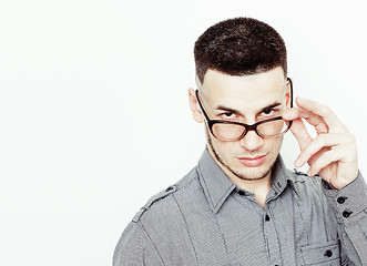 Image showing young handsome well-groomed guy posing emotional on white background, lifestyle people concept 