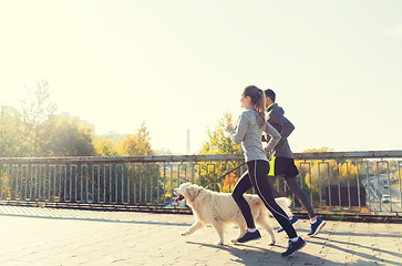 Image showing happy couple with dog running outdoors