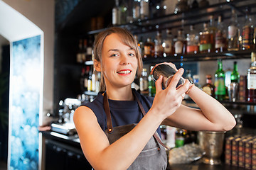 Image showing barmaid with shaker preparing cocktail at bar