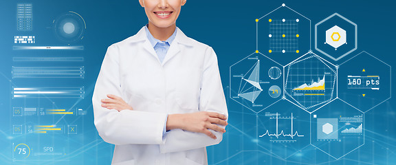 Image showing happy doctor over blue background and charts