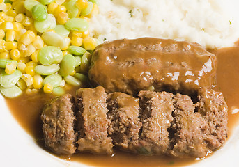 Image showing meatloaf with mashed potatoes and succotash