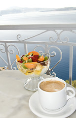 Image showing coffee and greek yogurt restaurant over the caldera santorini