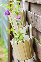 Image showing Flower pot hanging on wooden fence