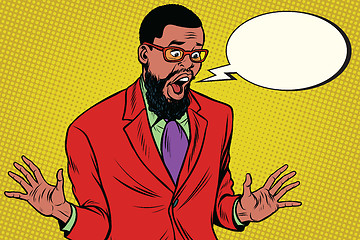 Image showing Shocked hipster bearded African American businessman says comic 