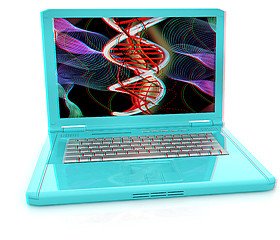 Image showing Laptop with dna medical model background on laptop screen. 3d il