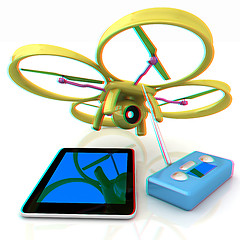 Image showing Drone, remote controller and tablet PC. Anaglyph. View with red/