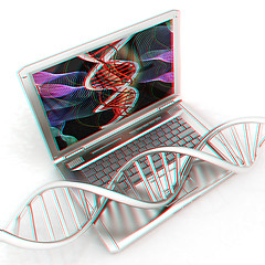 Image showing Laptop with dna medical model background on laptop screen. 3d il