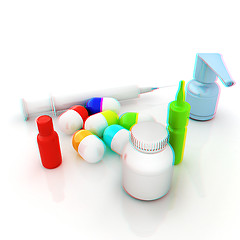 Image showing Syringe, tablet, pill jar. 3D illustration. Anaglyph. View with 