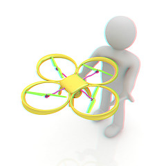 Image showing 3d man with drone, quadrocopter, with photo camera. 3d render. 3