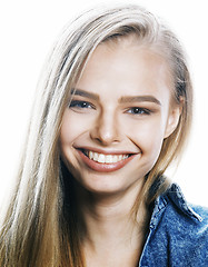 Image showing young blond woman on white backgroung gesture thumbs up, isolate