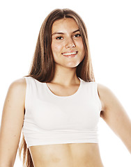 Image showing young pretty teenage hipster girl posing emotional happy smiling on white background, lifestyle people concept 