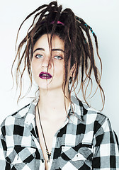 Image showing real caucasian woman with dreadlocks hairstyle funny cheerful fa