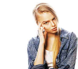 Image showing young blond woman on white backgroung gesture thumbs up, isolate