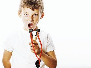 Image showing little cute angry real boy with slingshot isolated