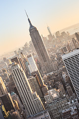 Image showing New York City Manhattan downtown skyline at sunset.