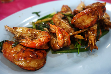 Image showing Stirred fried tiger prawns 