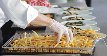 Image showing French fries and meat on the table