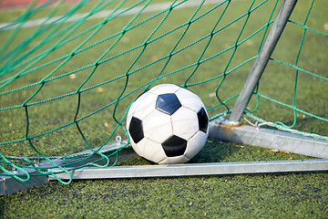 Image showing soccer ball at goal net on football field