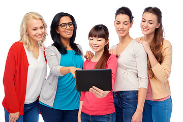 Image showing international group of happy women with tablet pc