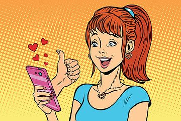 Image showing Young woman reading smartphone online like, love and support