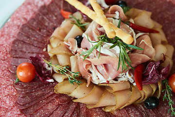 Image showing Assorted meats and sausages, olives and spices, close-up.