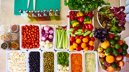 Image showing Salad Bar Fresh Vegetables sliced Top view Tomato Carrot Celery Cucumber Cherry tomato Sweet pepper.