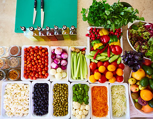 Image showing Salad Bar Fresh Vegetables sliced Top view Tomato Carrot Celery Cucumber Cherry tomato Sweet pepper.