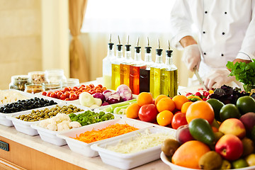 Image showing salad bar with vegetables in the restaurant, healthy food