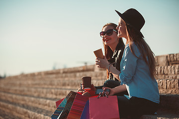 Image showing Two girls walking with shopping on city streets