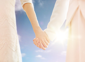 Image showing close up of married lesbian couple holding hands