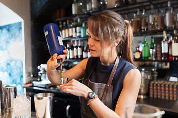 Image showing barmaid with shaker preparing cocktail at bar