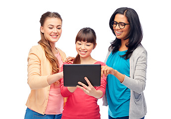 Image showing international group of happy women with tablet pc