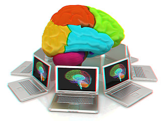 Image showing Computers connected to central brain. 3d render. Anaglyph. View 