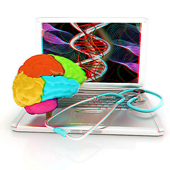 Image showing Laptop, brain and Stethoscope. 3d illustration. Anaglyph. View w