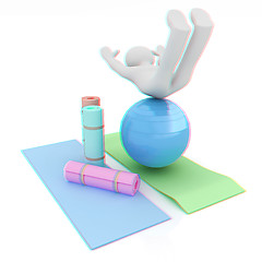 Image showing 3d man on a karemat with fitness ball. 3D illustration. Anaglyph