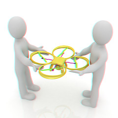 Image showing 3d man with drone, quadrocopter, with photo camera. 3d render. 3