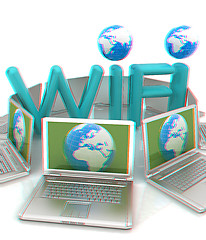 Image showing Global concept of  WiFi connectivity between laptops. 3d render.