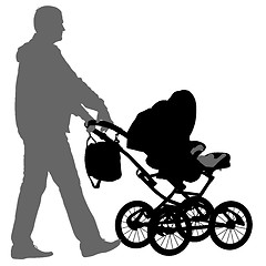 Image showing Black silhouettes father with pram on white background. illustration