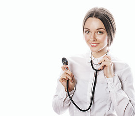 Image showing young pretty woman doctor with stethoscope on white background 