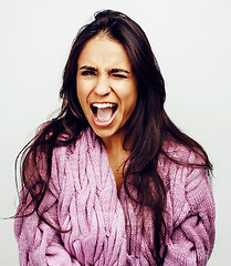 Image showing young happy smiling latin american teenage girl emotional posing on white background, lifestyle people concept 