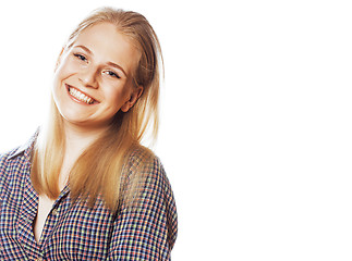 Image showing young pretty blond teenage hipster girl posing emotional happy smiling on white background, lifestyle people concept