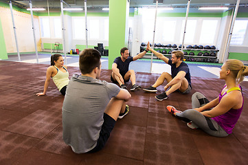 Image showing group of happy friends making high five in gym